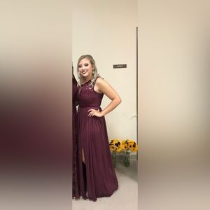 David’s Bridal one shoulder lace bridesmaid dress.